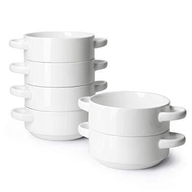 Sweese 108.001 Porcelain Bowls with Handles - 20 Ounce for Soup, Cereal, Stew, Chill, Set of 6, White