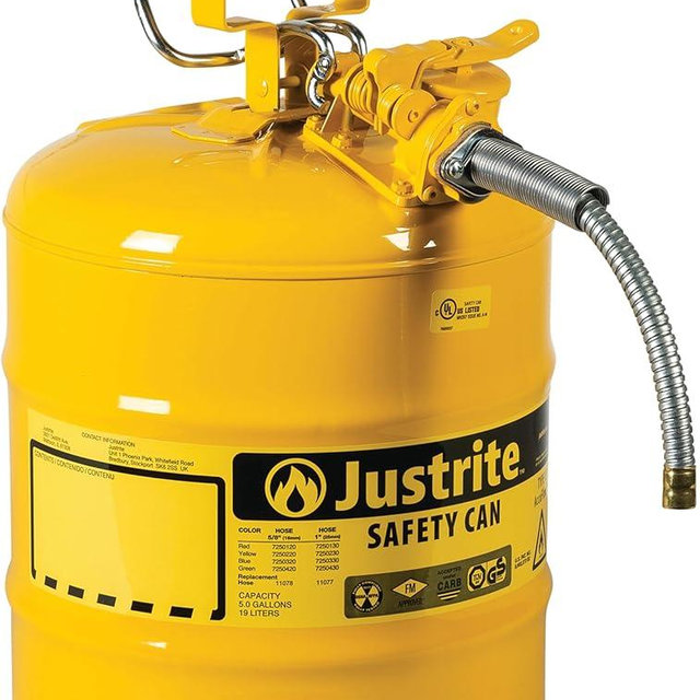 Justrite 5 Gallon Type II Yellow Safety Can for Diesel with Flame Arrester, Self-Closing Lid, and 5/8" Flexible Metal Spout, Made in the USA, Galvanized Steel Flammable Storage Can, 7250220