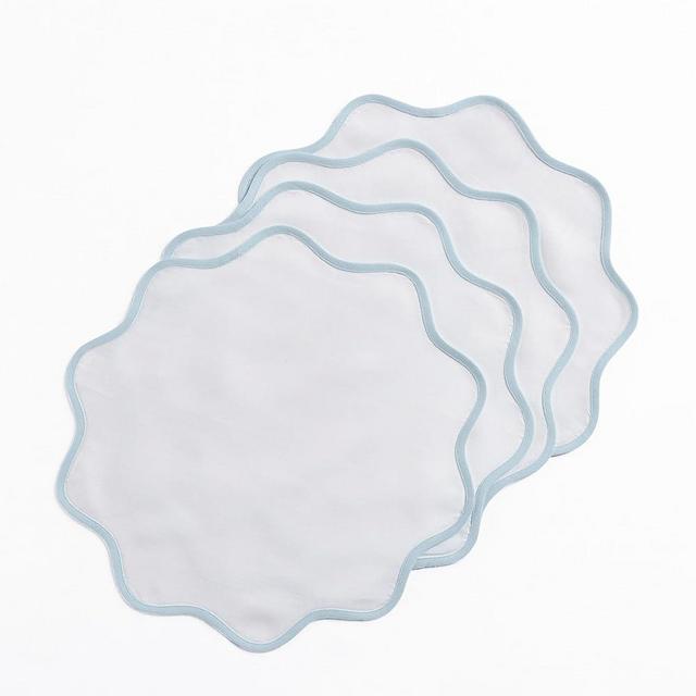 Solino Home Scallop Linen Placemats 16 Inch – 100% Pure Linen Ice Water and White Round Cloth Placemats Set of 4 – Giselle Scallop Edge, Washable Fabric Placemats for Winter