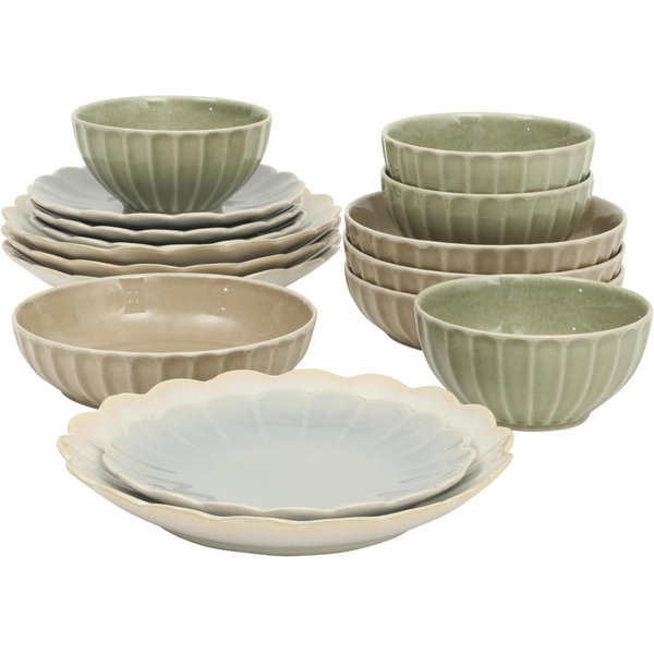 Gibson Elite Malibu Shore 16 Piece Scallop Stoneware Reactive Glaze (Service for 4) Ceramic Plates and Bowls Dinnerware Set - Assorted Color (Shiny Cream White, Blue, Cream, Terracotta)