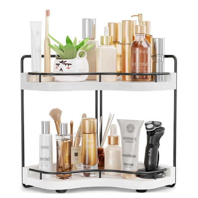 Aollewoiti 2-Tier Corner Bathroom Counter Organizer with Embedded Screw Holes, Secure & Stable Wood Vanity Shelf for Makeup and Skincare Essentials - Space Saving Bathroom Countertop Storage, White
