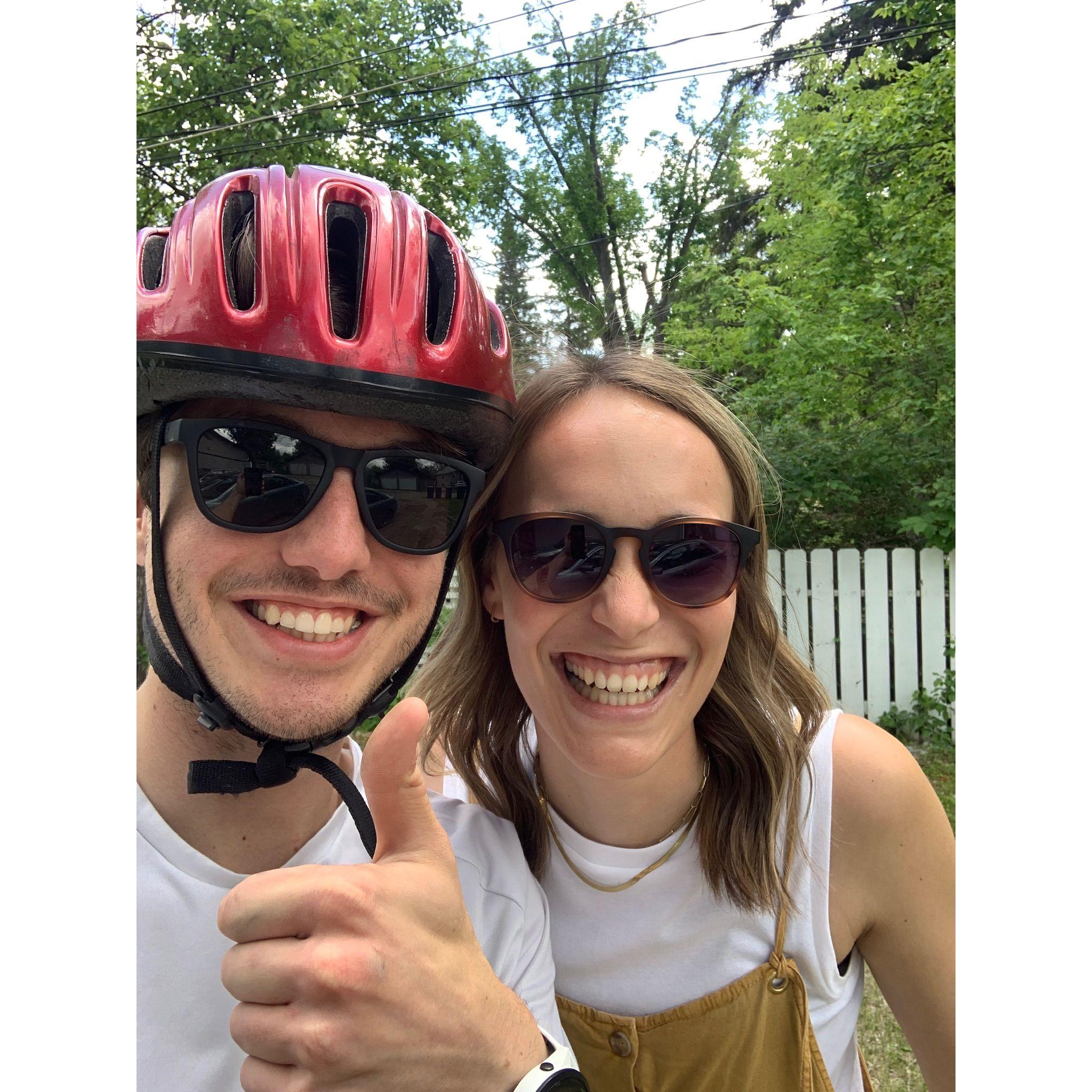 After about a month of hanging out we started officially dating on June 21, 2024. This is our first selfie together! Mike is into "safety first", Mercedes is into looking cool.