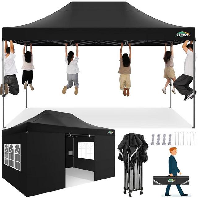 COBIZI 10x15 Heavy Duty Pop up Canopy Tent with 4 sidewalls Commercial Outdoor Canopy Wedding Party Tents for Wedding All Season Wind & Waterproof Gazebo with Carry Bag, Black(Frame Thickened)