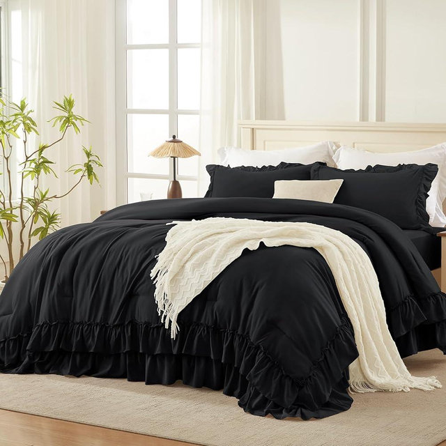 Andency Super King Plus Ruffle Comforter Set 128x120, 3 Pieces Farmhouse Shabby Chic Bedding Set for Adults, Soft Lightweight Oversized California King Comforter Set (1 Comforter 2 Pillowcases), Black