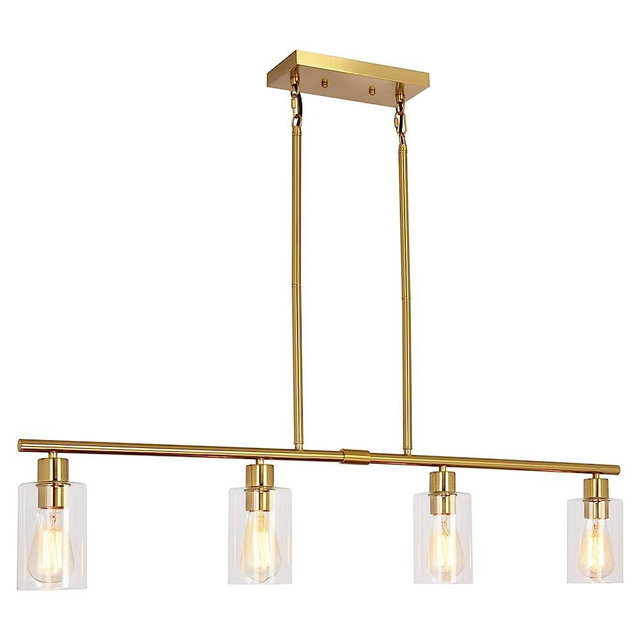 TYNEWRGY Modern Gold Kitchen Island Chandelier 4-Light Brushed Brass Farmhouse Pendant Light Industrial Kitchen Island Lighting Fixture with Glass Shades Hanging Lamp for Dining Living Room