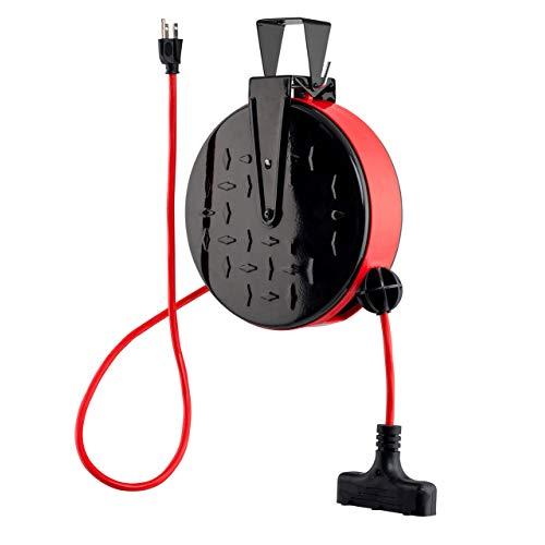 CopperPeak 30 ft Retractable Extension Cord Reel - Ceiling or Wall Mount - 16 gauge - Red and Black