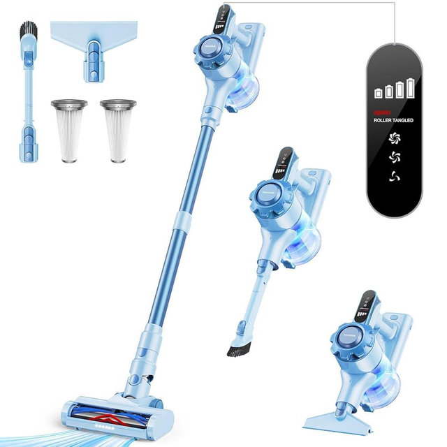 Trucozie Cordless Vacuum Cleaner, 8-in-1 Lightweight Stick Vacuum with 45mins Runtime, Powerful Suction, Rechargeable Cordless Vacuum for Carpet, Tile, Pet Hair, Hardwood Floors, Blue
