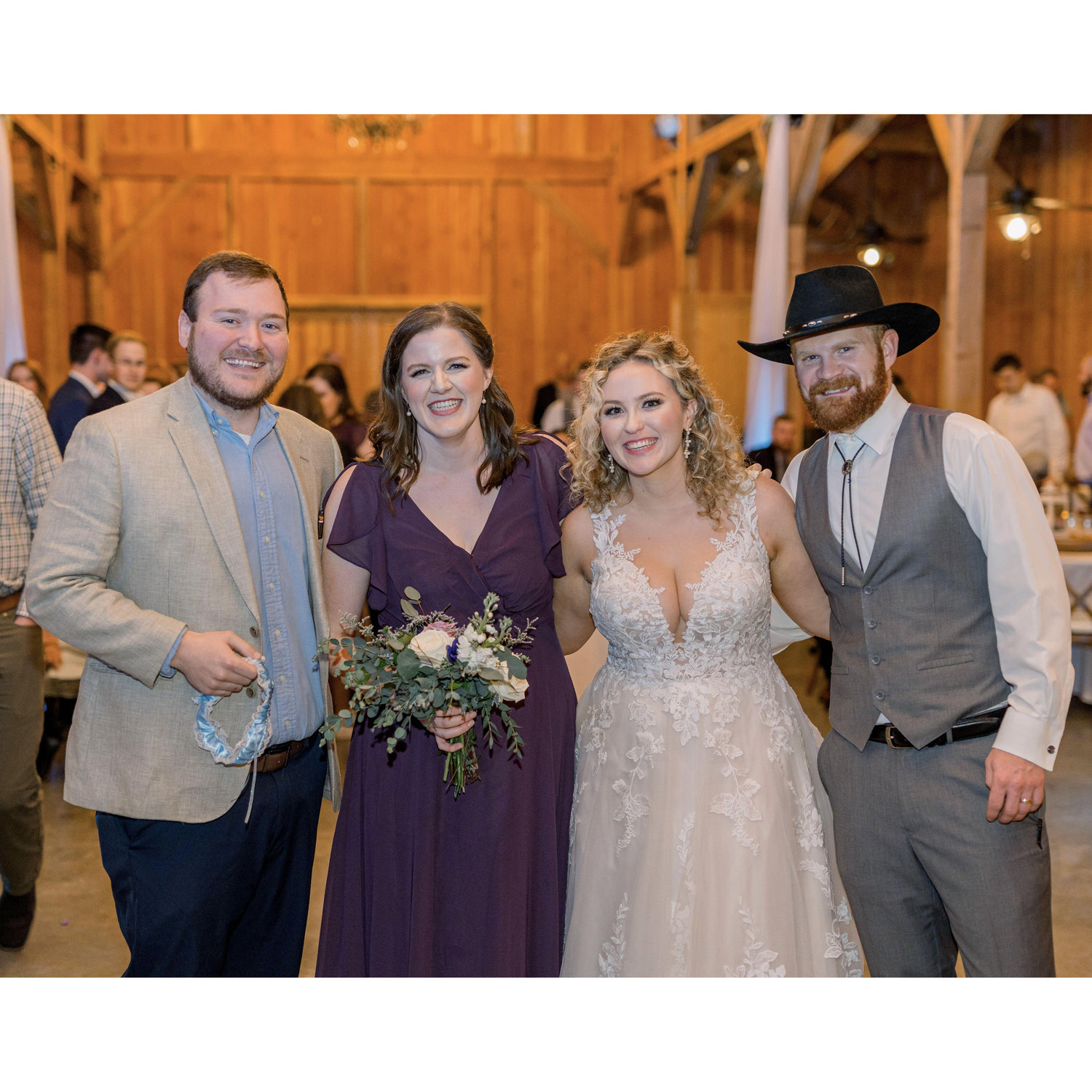 At Riley and Levi's wedding where I caught the bouquet and Walker caught the garter.