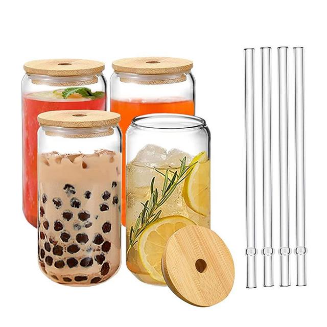 Glass Cups with Lids and Straws Ice Coffee Cups Beer Can Glass 16oz Can Shaped Glass Cups Smoothie Cups Reusable Boba Cup (Set of 4)