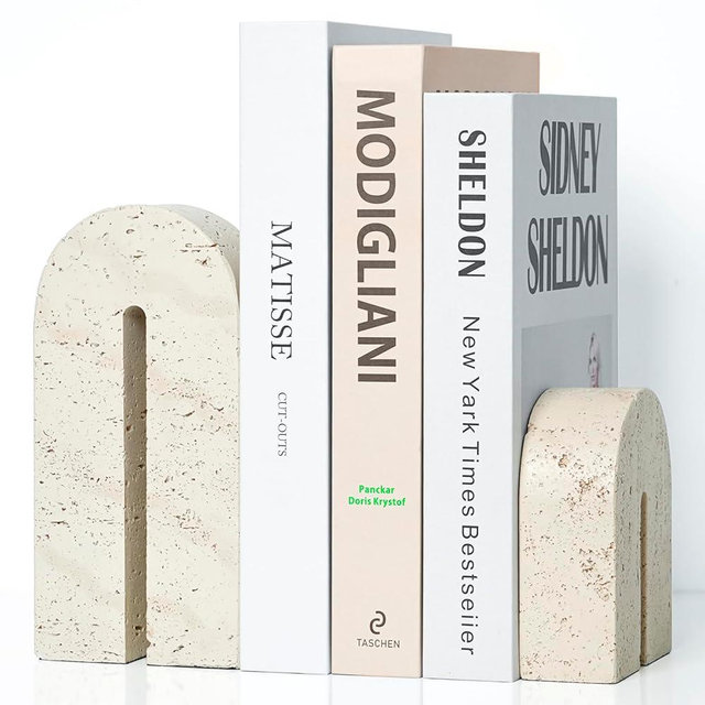 BOHDK Book Ends for Shelves, Resin Heavy Duty Decorative Bookends, Retro Arch Book Holder for Heavy Books, Imitation Travertine Book Stopper for Home Decor, Study, Bookshelf, Desktop, Set of Two