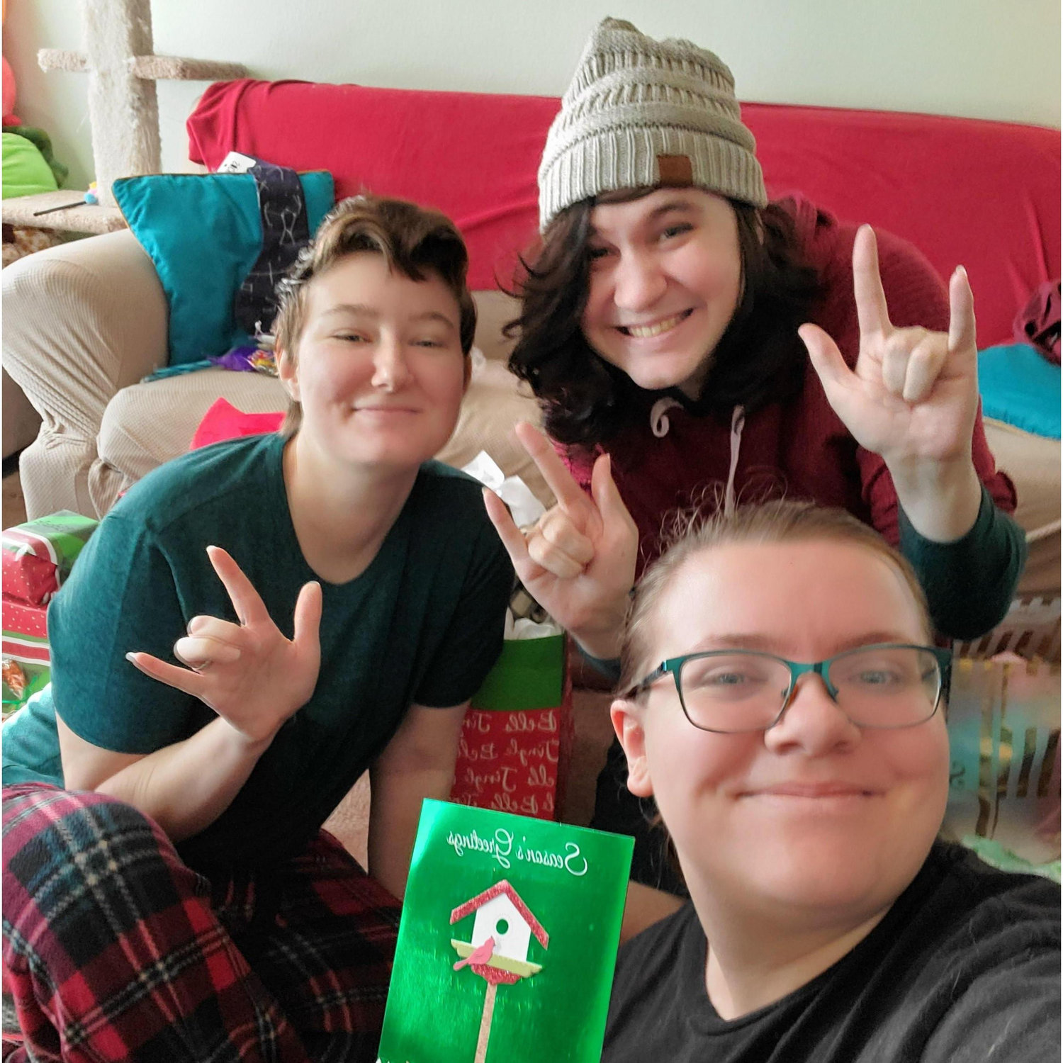 Quarantine Christmas with the family. The card is from Lily, so everyone could be together in spirit. It's a favorite of recent "group photos."