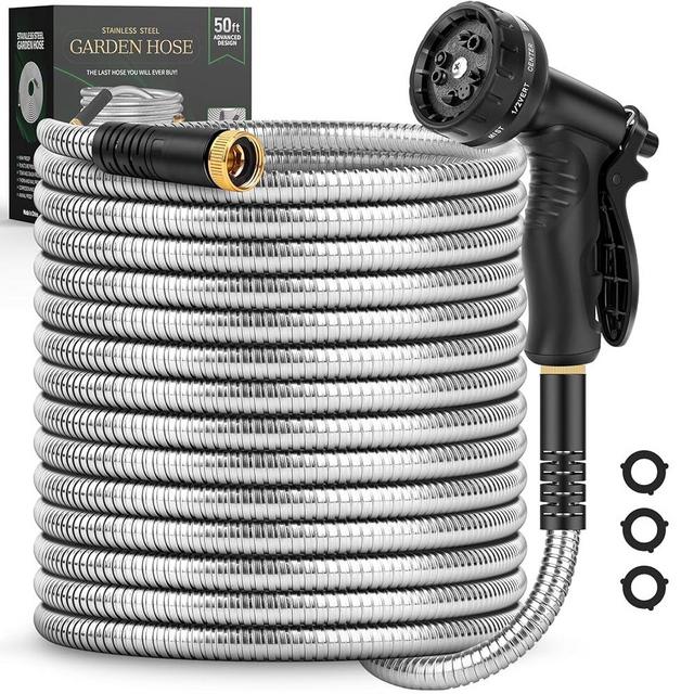 Itsonestep Garden Hose 50 FT, Metal Stainless Steel Water Hose with 10 Function Nozzles, No Kinks, Flexible Hose, Lightweight, Puncture Proof, Heavy Duty Hose for Yard and Outdoor
