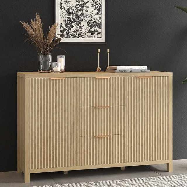 Fluted Door Storage Cabinet, Accent Cabinet, 2 Door 3 Drawer Durable Sideboard Buffet Cabinet with Storage Adjustable Shelf, Console Tables, Credenzas for Living Room, Entryway Table Oak