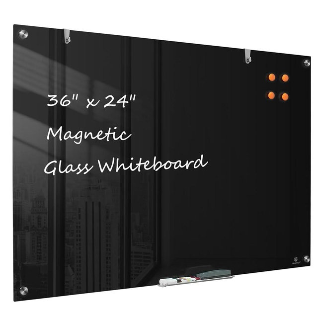 TSJ OFFICE Glass Dry-Erase Board - 36 x 24 Inches Wall Mounted Black Glass Magnetic Whiteboard, Frameless Large White Board for Office, Home & School