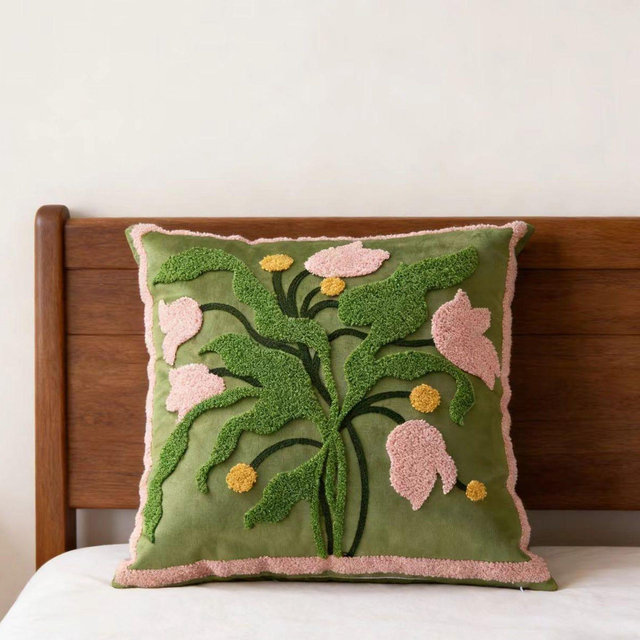Embroidered Floral Pillow Cover, Flannel Cushion Cover, Botanical Throw Pillow Case, Soft Textured Decorative Pillow