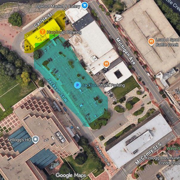 The Yellow Highlight is the Building. The Blue Highlight is the Parking Lot where we can park!