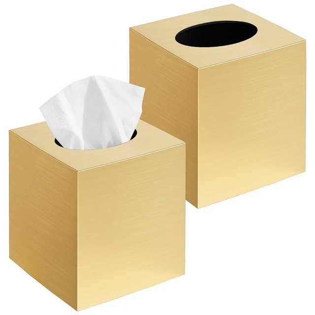 2 Pack Tissue Box Cover, Square Acrylic Tissue Holder, Decorative Facial Tissue Box Vessel Cube Paper Organizer Dispenser for Bathroom Office, Night Stand, Desk, Car, Vanity, Countertops, Gold