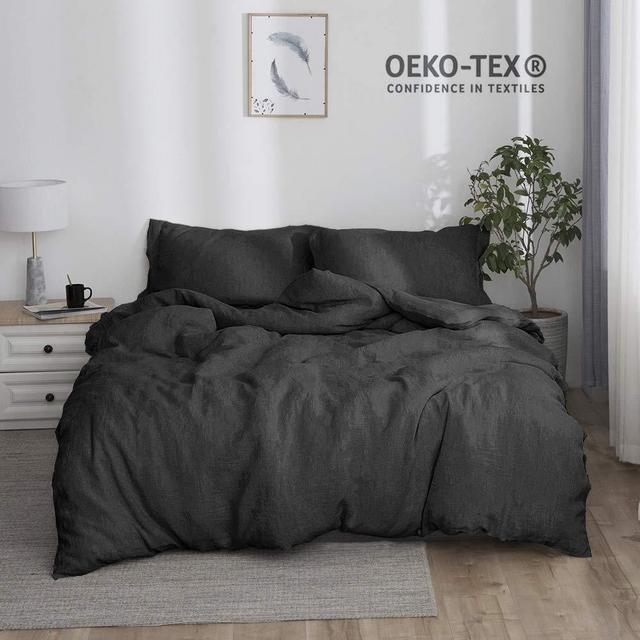 Simple&Opulence 100% Stone Washed Linen Solid Color Basic Style King Queen Duvet Cover Sets (Dark Grey, King)