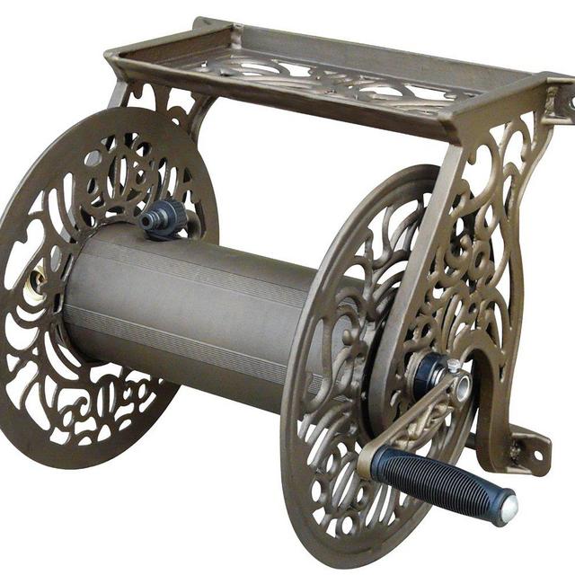Liberty Garden Products 704 Decorative Cast Aluminum Wall Mount Garden Hose Reel, Holds 125-Feet of 5/8-Inch Hose - Bronze