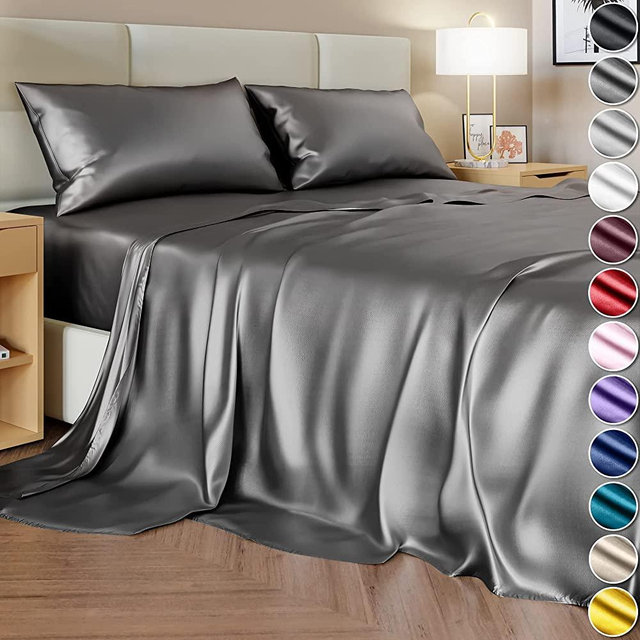 DECOLURE Satin Sheets Set King 4pcs - Luxury Silk Feel Satin Sheets King - Elegant Silky Soft King Size Satin Bed Sheets Hypoallergenic Wrinkle-Free Satin Sheets with Deep Pocket (Stone Grey)
