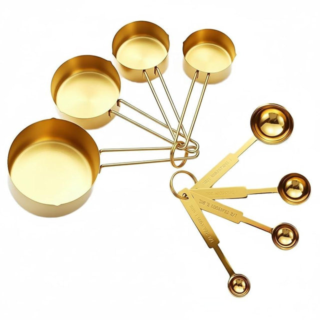Gold Measuring Cups and Spoons Set, 8 Piece Stainless Steel Measuring Cup and Spoon Set for Baking and Cooking, Stackable Gold Kitchen Measuring Utensils for Dry and Liquid Ingredients