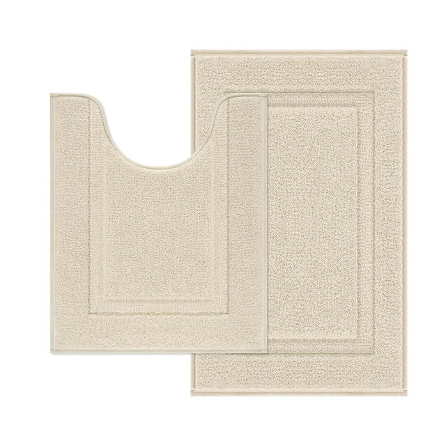 SHACOS Soft Absorbent Bathroom Rugs Set of 2 Pieces with U Shaped Toilet Rug Contour Bath Mats Bath Rugs 20"x24"+20"x32" Non Slip Washable, Light Beige