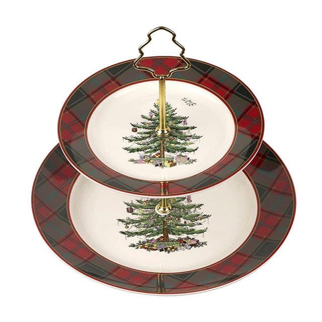 Spode - Christmas Tree Collection - Tartan 2 Tiered Server - Upper Plate 8" Lower Plate 10" - Dishwasher, Microwave, and Freezer Safe