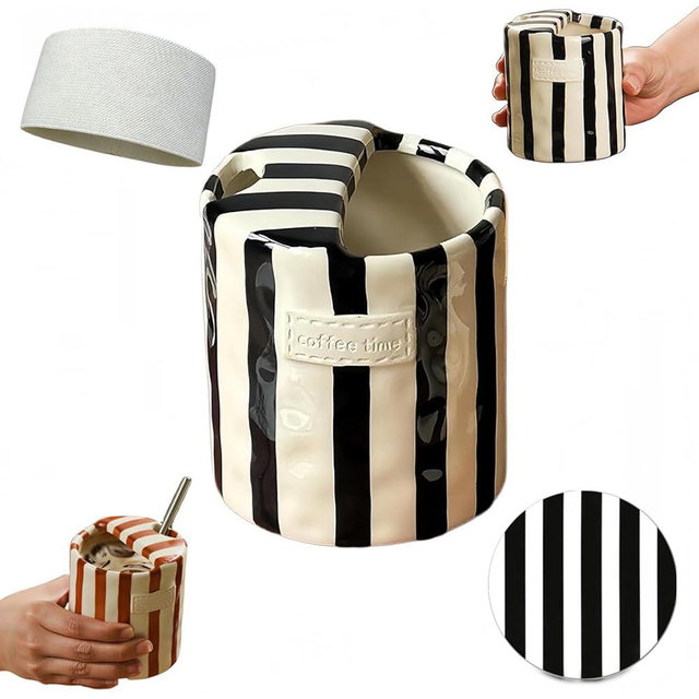 LQKQYHCTA 10 Oz Retro Half Lid Striped Ceramic Coffee Mug, Heat-Resistant Non-Slip, Hand-Painted Striped for Home Kitchen Dining, Valentine’s Day & Holiday Gift for Coffee Lovers (Black)