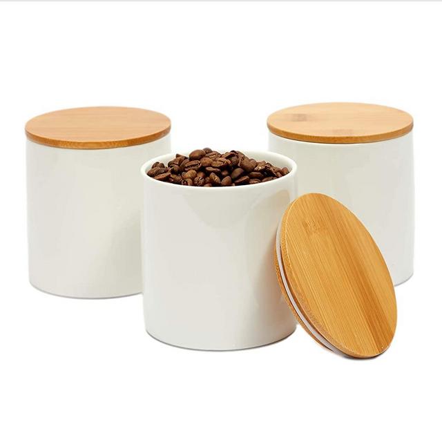 White Ceramic Kitchen Canister Set with Bamboo Lids (3.9 x 3.7 In, 3 Pack)