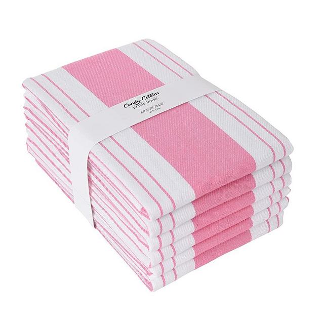 Candy Cottons Set of 6 Kitchen Dish Towels, 100% Cotton Kitchen Towels, with Hanging Loop, Dishcloth Sets for Washing & Drying Dishes, Tea Towels & Hand Towels 18x28, Trndy Stripes, Pink