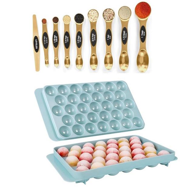 Magnetic Measuring Spoons Set Stainless Steel with Leveler-9pcs, Ice Cube Trays with Lids for Freezer, 33 Sphere Ice Cube Tray for Iced Coffee