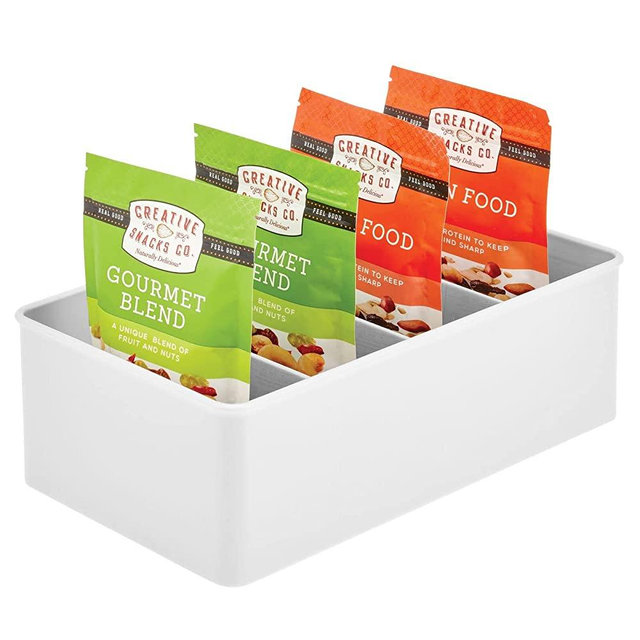 mDesign Plastic Divided Kitchen Organizer Bin Container Box with 4 Sections for Pantry, Fridge, Refrigerator, Countertop, Pantry - Hold Cereal, Snacks, Tea, Seasoning - Ligne Collection - White