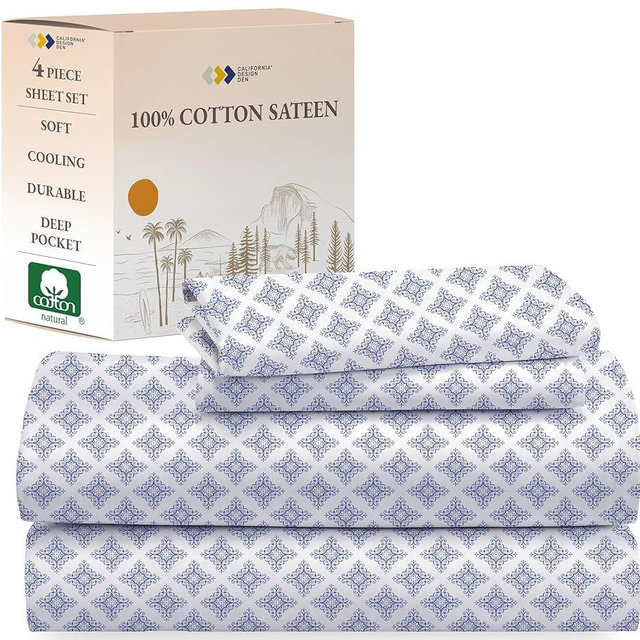 California Design Den Queen Bed Sheet Set, 100% Cotton Sateen Printed Pattern, Deep Pocket Queen Sheets & Pillowcase Set - Filigree
