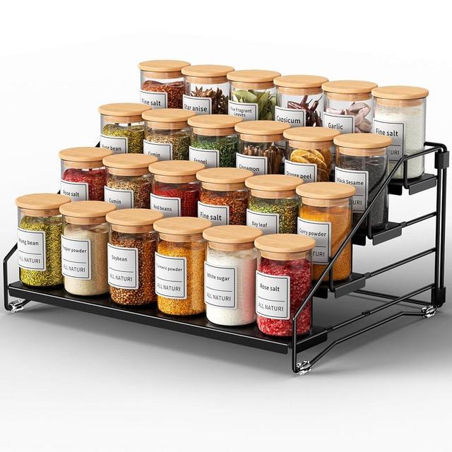 RCHYFEED Spice Rack Organizer for Cabinet,4 Tier Cabinet Spice Organizer,Step Seasoning Organizer Easy Visibility,Tierd Depth Adjustable Spice Shelf for Kitchen Countertop Pantry Organization,Black