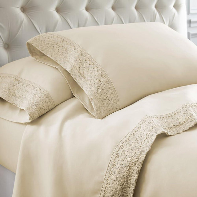 Modern Threads Soft Microfiber Crochet Lace Sheets - Luxurious Microfiber Bed Sheets - Includes Flat Sheet, Fitted Sheet with Deep Pockets, & Pillowcases Linen King