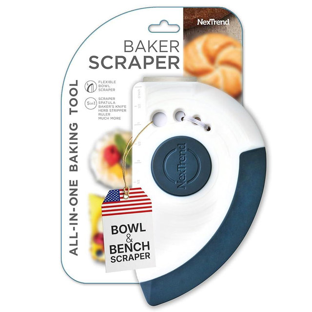 Nextrend BakerScraper – 5-in-1 Flexible Bowl Scraper, Bench Scraper and Dough Scraper with Stainless Steel Edge, Ruler & Herb Stripper – BPA Free, Dishwasher Safe - Blue