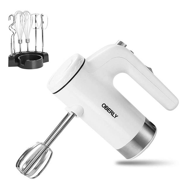 Hand Mixer Electric 2021 Upgrade, OBERLY 400W Power 5-Speed Electric Handheld Mixer with Turbo Boost, Eject Button, Storage Base with 6 Stainless Steel Attachments (2 Beaters, 2 Dough Hooks and 2 Whisk)