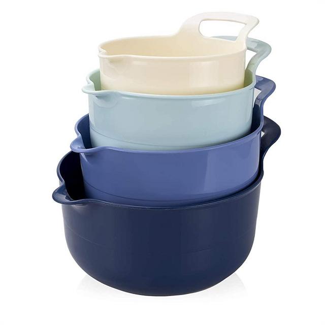 Cook with Color Mixing Bowls - 4 Piece Nesting Plastic Mixing Bowl Set with Pour Spouts and Handles (Ombre Dark Blue)