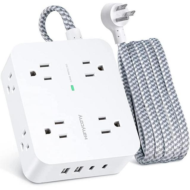 Surge Protector Power Strip with 2 USB C- 6 Feet Extension Cord, 8 Outlets 4 USB Ports, Flat Plug, Wall Mount, Desk Charging Station, Multiple Plug Outlet Extender for Home Office Dorm Room Essentials