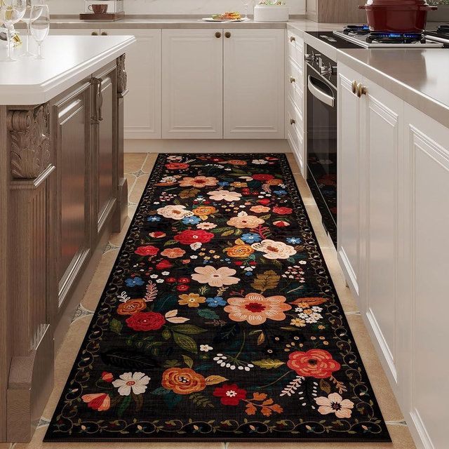 Rugcomf Runner Rug for Hallways Kitchen Runner Rug Non Slip 2'x 6' Washable Runner Rugs with Rubber Backing Soft Floral Carpet Runner for Hallways, Kitchen, Laundry, Bedroom, Bathroom(Black)