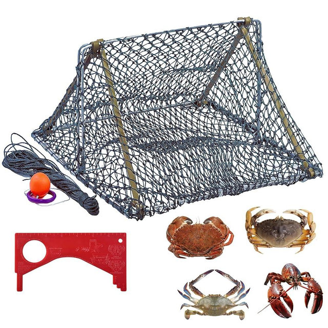George Garden Crab Trap, Foldable crab trap cage, Fishing Traps Nets for Dungeness, Rock and Blue Crab (Triangle Traps + Crab Measuring Ruler +Signal Sphere)