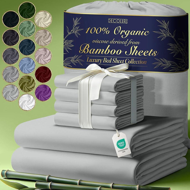 DECOLURE 100% Organic Viscose Derived from Bamboo Sheets Queen Size 6pcs - Ultra Soft & Luxuriously Cooling, 17" Deep Pocket, Double Stitching, Perfect for Hot Sleepers - Queen Bed Sheets (Light Grey)