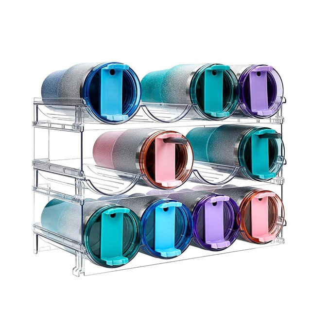 IROONN Water Bottle Organizer for Cabinet, Stackable Water Bottle Storage Rack, 3 Tier Water Bottle Holder for Kitchen Pantry, Tumbler Travel Mug Cup Organizer, Hold 12 Bottles
