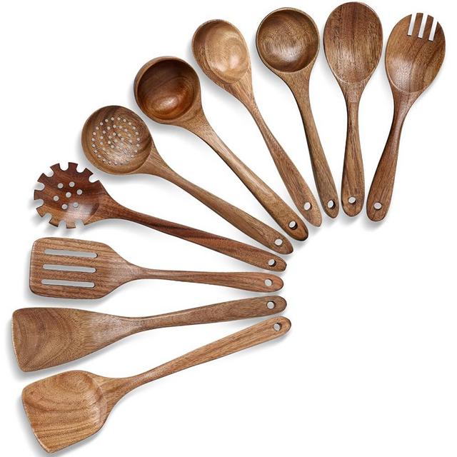 HAKSEN 10PCS Wooden Cooking Utensils, Natural Acacia Wood Kitchen Utensils Wooden Spatulas for Serving Stirring Cooking Mixing