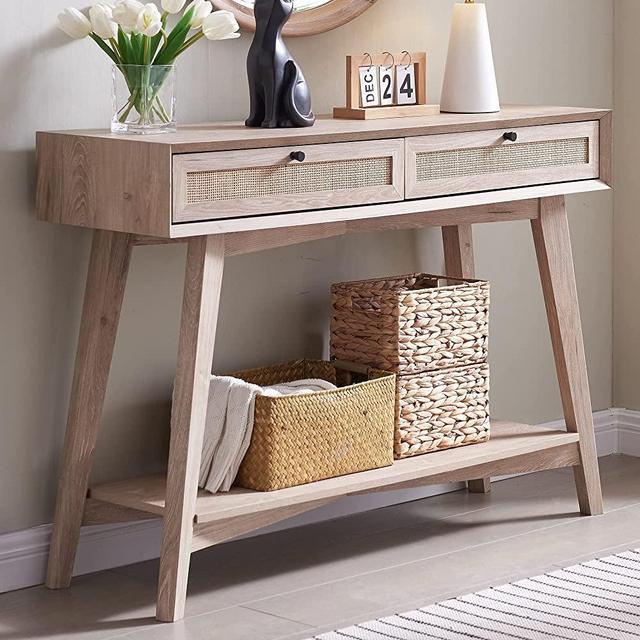 OKD Modern Mid Century Console Table with Natural Rattan Storage Drawers Boho Entryway Table with Open Shelf Entry Sofa Table for Entryway, Hallway, Living Room, Oak