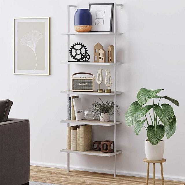 Nathan James Theo 5-Shelf Wood Modern Bookcase, Open Wall Mount Ladder Bookshelf with Industrial Metal Frame, Gray Oak/White