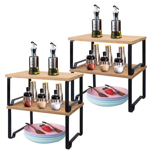 KAKUNM 4 Pack Bamboo Kitchen Cabinet, Expandable&Stackable Counter Top Shelf Organizer Spice Rack Tableware,Shelf Holder Rack for Bathroom, Kitchen, Living Room