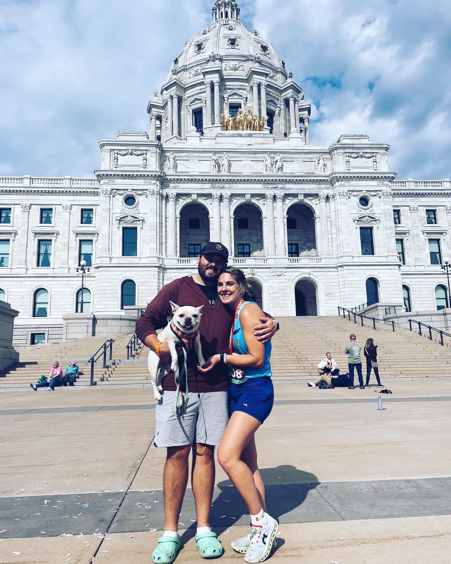 Alex and I with our fur child, Phoebe celebrating both of our runs at this years Twin Cities Marathon weekend