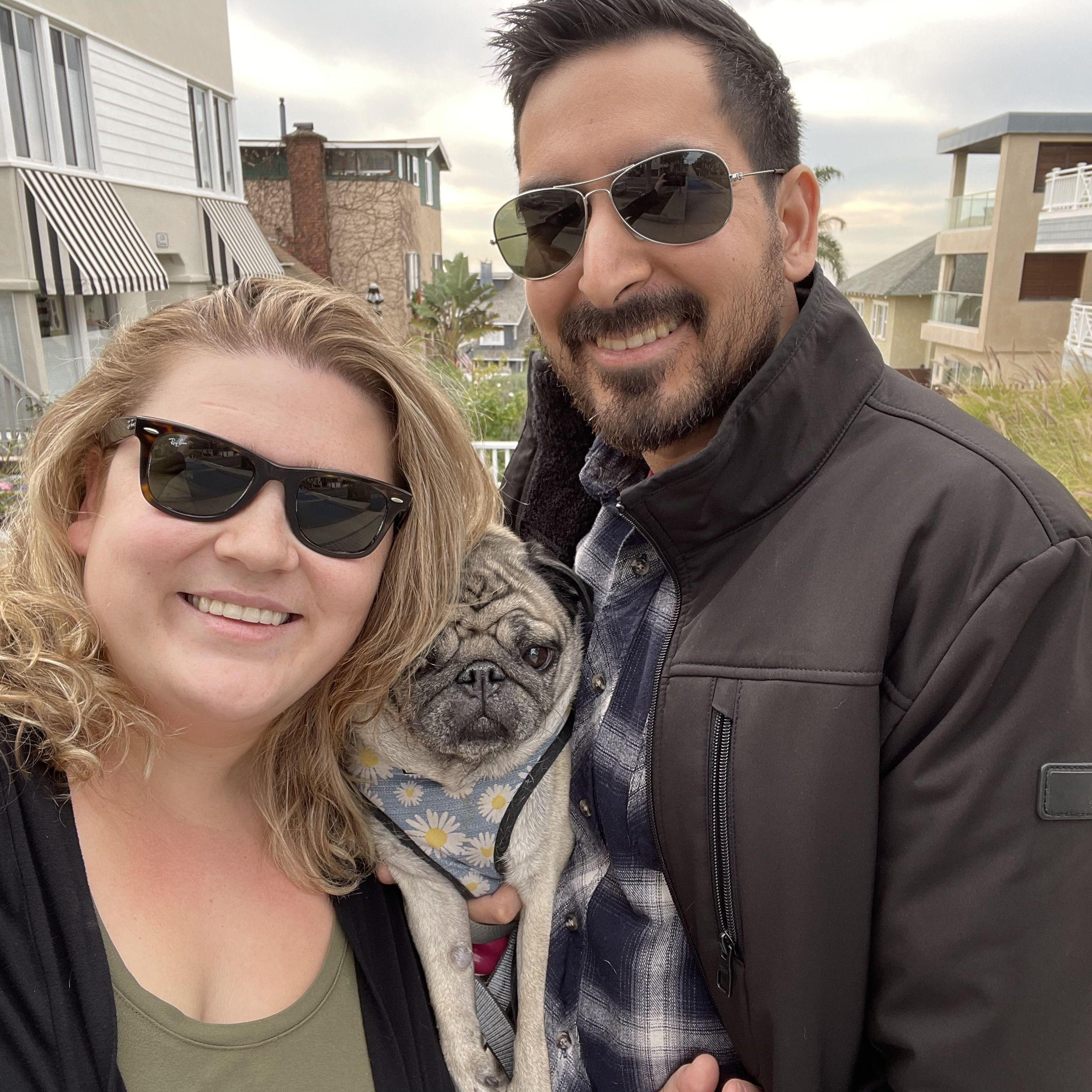 Family outing with a grumpy pug