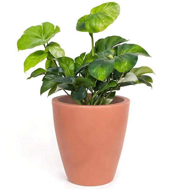 Elly Décor 12 inch Planter for Garden with Drainage, Large Round, Lightweight & Extremely Durable, Deck Indoor/Outdoor Plastic Pot, 12"x12"x7", Terracotta